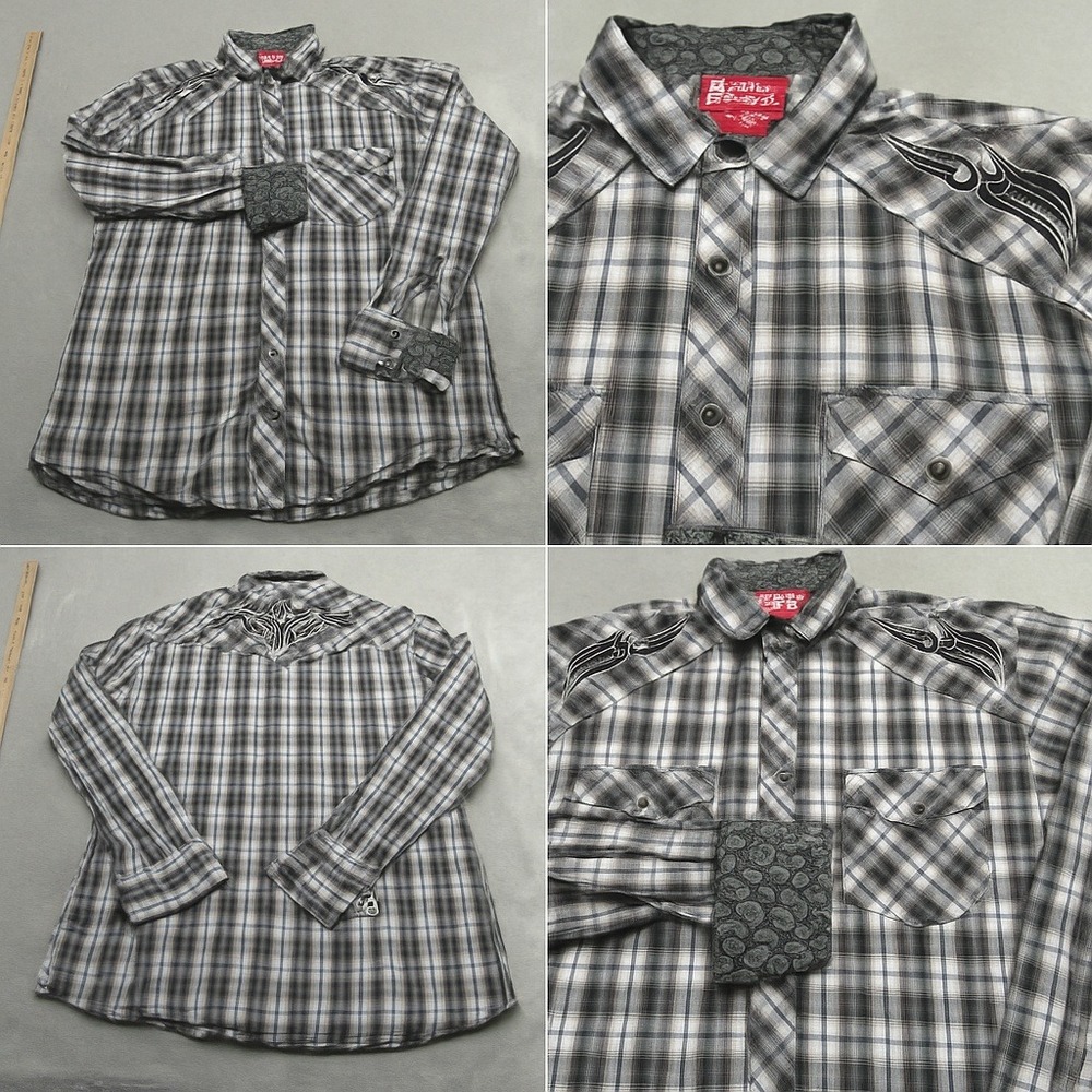 Red‎ Ranch Pearl Snap Shirt Men Large Black White Plaid Tribal Flip Cuff VTG